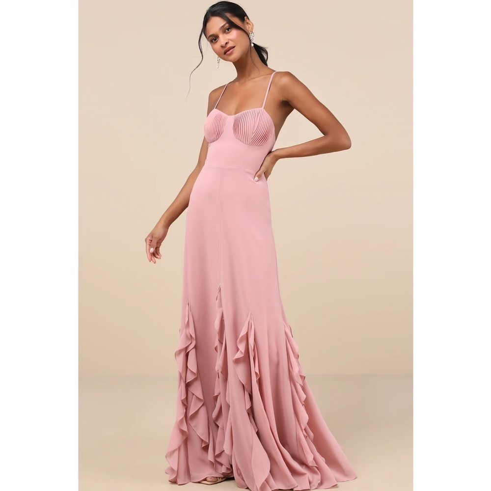 Lulus Priela Pink Ruffled Lace-Up Spaghetti-Strap Chiffon Maxi Dress NWT Medium